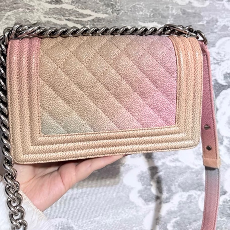 CHANEL 香奈兒 Lenox 漸變彩虹菱格紋牛皮銀扣鏈條包單肩包  美人魚色-1
