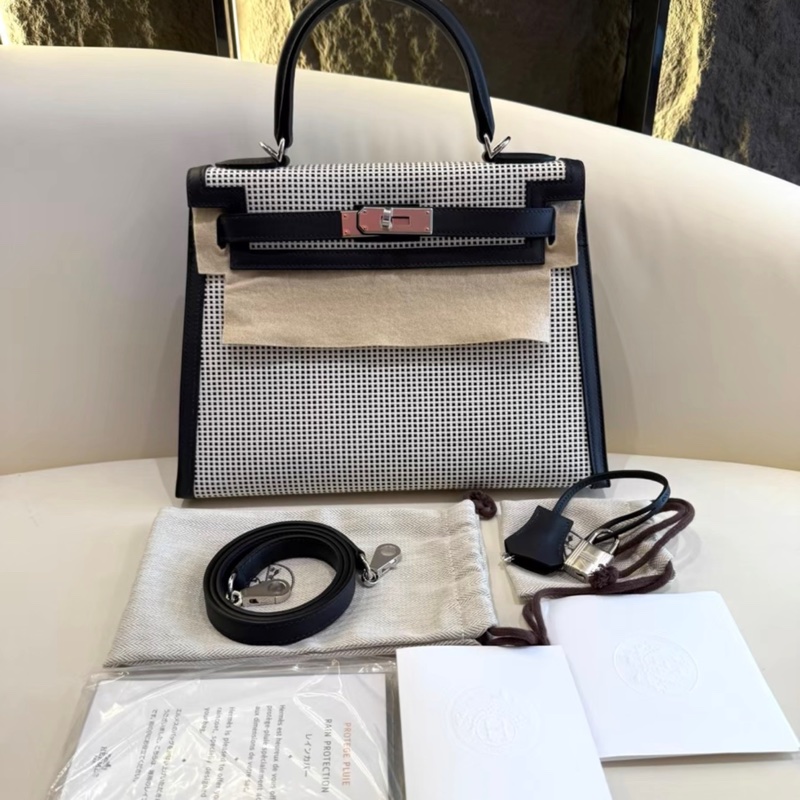 愛馬仕Hermes kelly 28午夜藍灰白手提包 華夫格帆布拼色設計-0