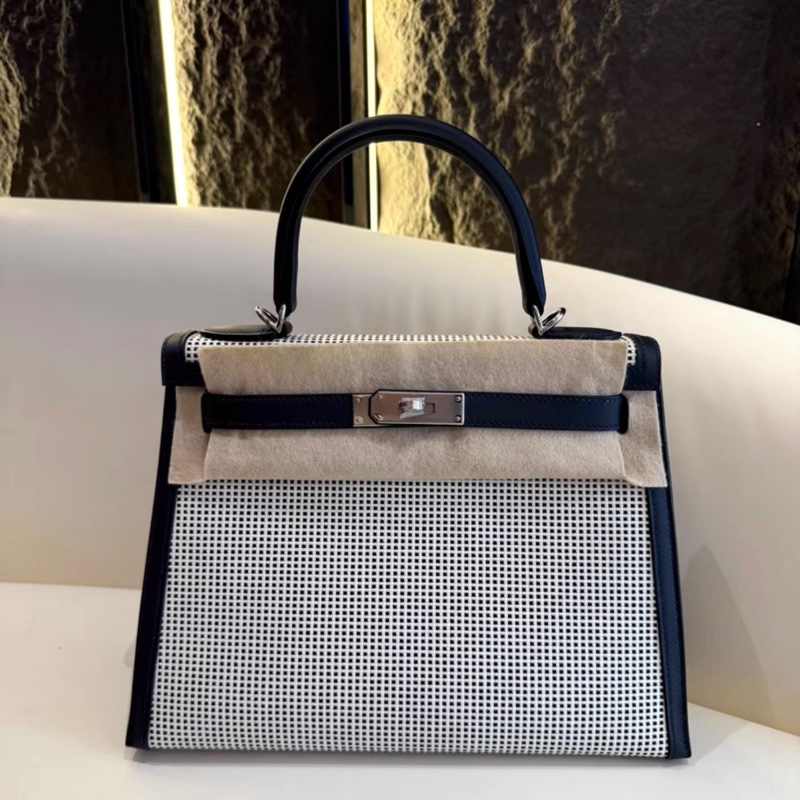愛馬仕Hermes kelly 28午夜藍灰白手提包 華夫格帆布拼色設計-2