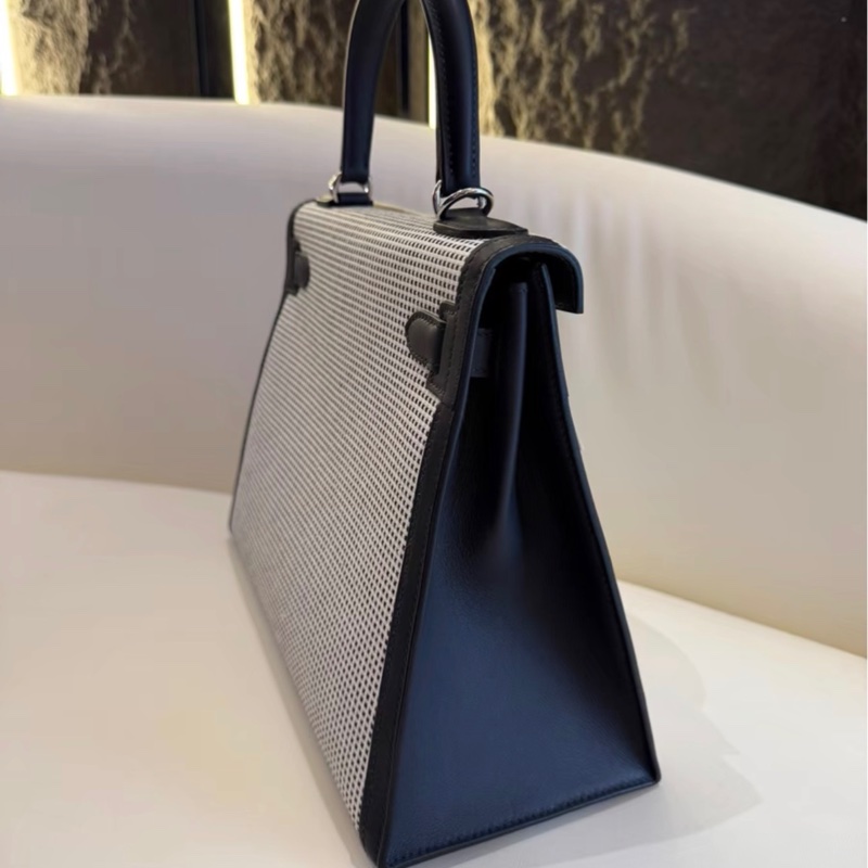 愛馬仕Hermes kelly 28午夜藍灰白手提包 華夫格帆布拼色設計-3