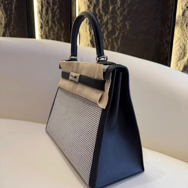 愛馬仕Hermes kelly 28午夜藍灰白手提包 華夫格帆布拼色設計-4