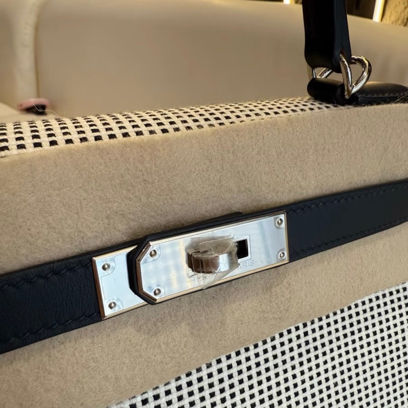 愛馬仕Hermes kelly 28午夜藍灰白手提包 華夫格帆布拼色設計-5