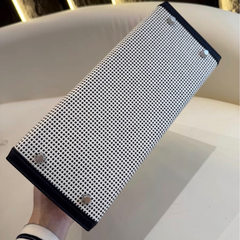 愛馬仕Hermes kelly 28午夜藍灰白手提包 華夫格帆布拼色設計-7