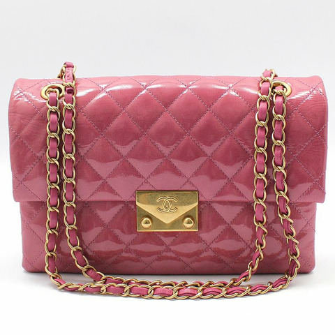 【包稅】CHANEL 粉紅色漆皮金色Logo寶塔風琴翻蓋中型單肩包