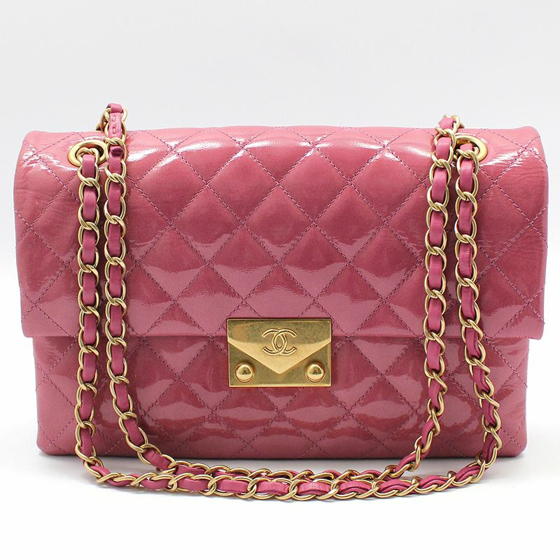 【包稅】CHANEL 粉紅色漆皮金色Logo寶塔風琴翻蓋中型單肩包-0