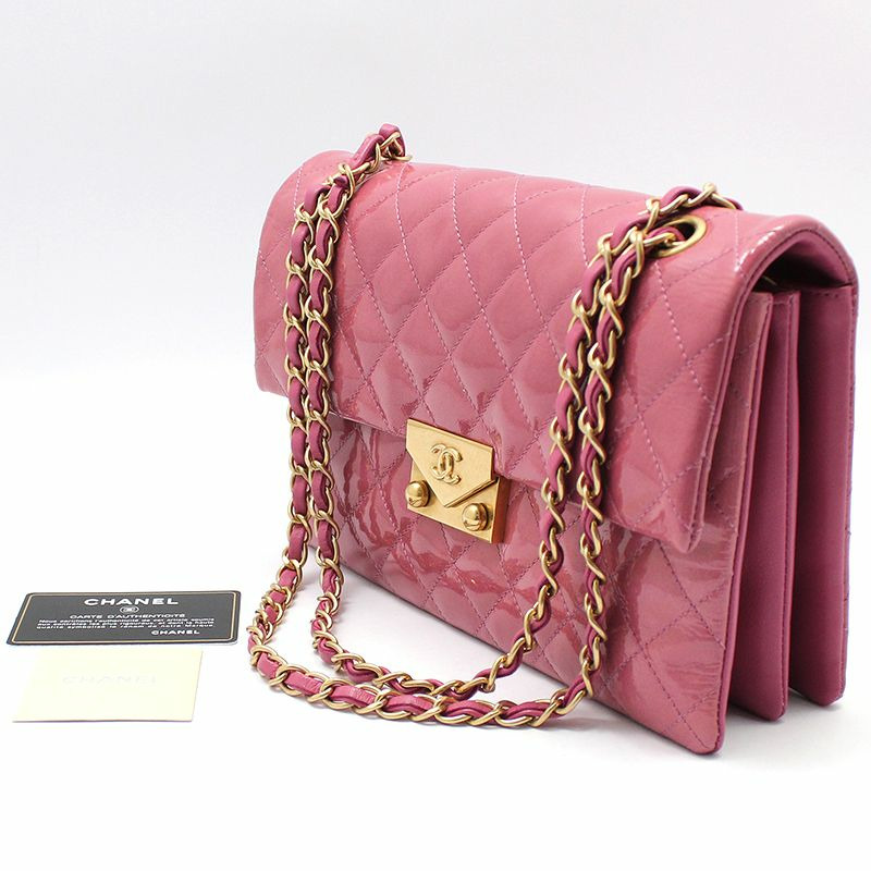 【包稅】CHANEL 粉紅色漆皮金色Logo寶塔風琴翻蓋中型單肩包-1