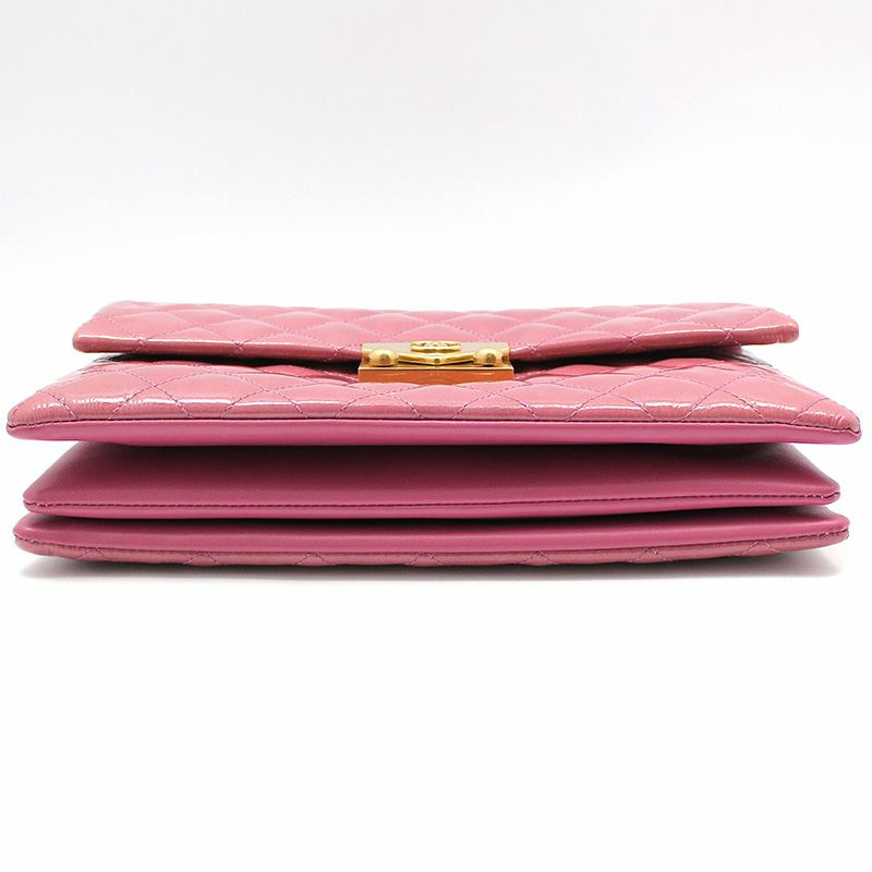 【包稅】CHANEL 粉紅色漆皮金色Logo寶塔風琴翻蓋中型單肩包-4