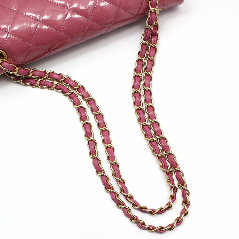【包稅】CHANEL 粉紅色漆皮金色Logo寶塔風琴翻蓋中型單肩包-5