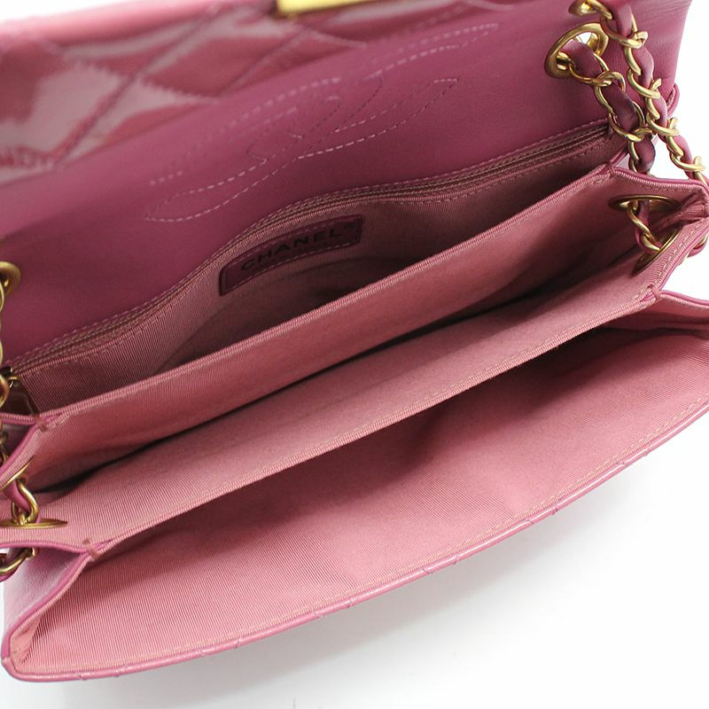【包稅】CHANEL 粉紅色漆皮金色Logo寶塔風琴翻蓋中型單肩包-8