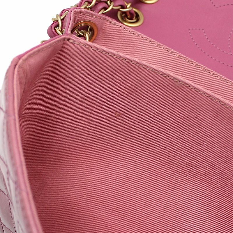 【包稅】CHANEL 粉紅色漆皮金色Logo寶塔風琴翻蓋中型單肩包-9