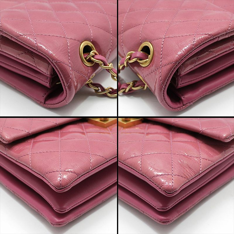 【包稅】CHANEL 粉紅色漆皮金色Logo寶塔風琴翻蓋中型單肩包-10