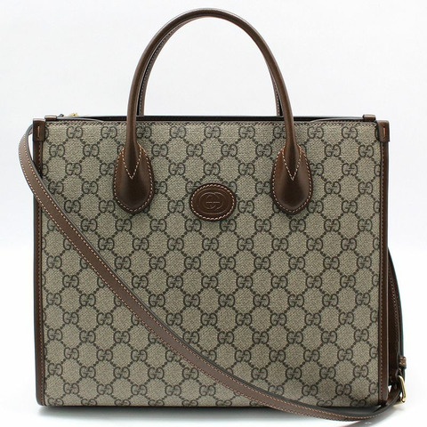 【包稅】GUCCI 棕色皮革 GG Supreme 小手提單肩包