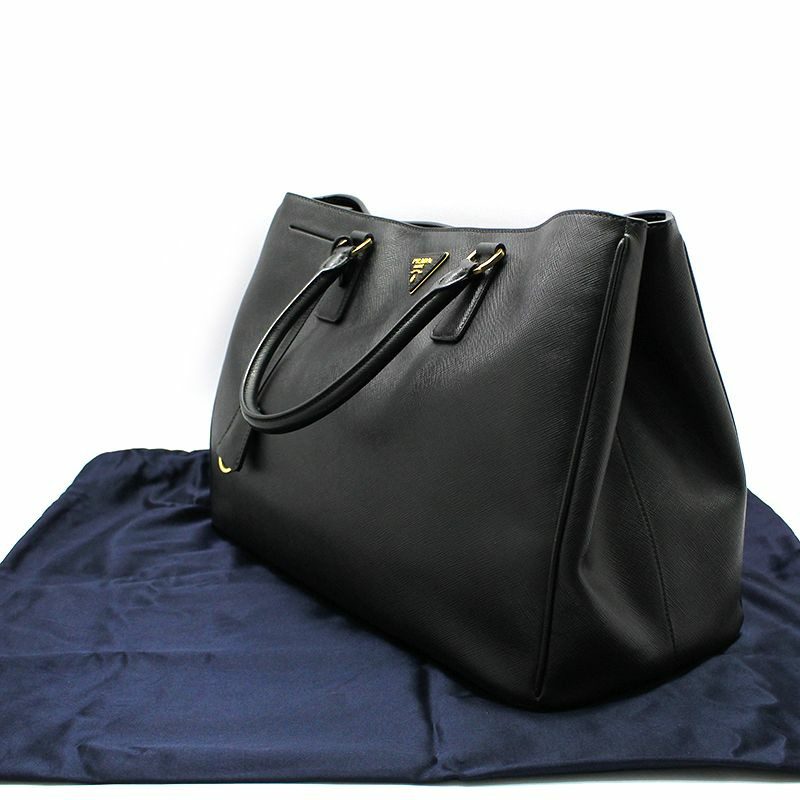 【包稅】PRADA PRADA黑色Saffiano皮革金色Logo手提包-1