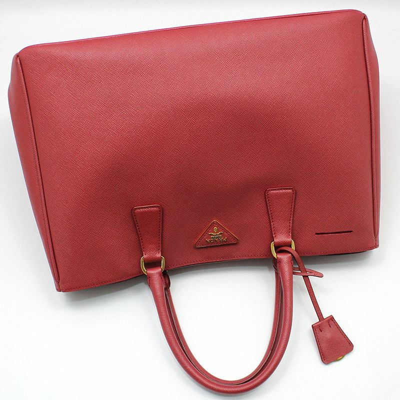 【包稅】PRADA Prada 紅色 Saffiano Lux 金色 Logo 手提包-1