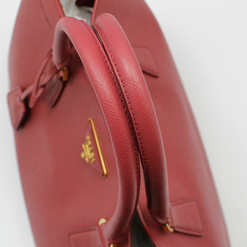 【包稅】PRADA Prada 紅色 Saffiano Lux 金色 Logo 手提包-5