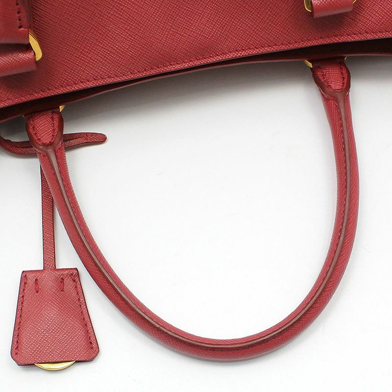 【包稅】PRADA Prada 紅色 Saffiano Lux 金色 Logo 手提包-6