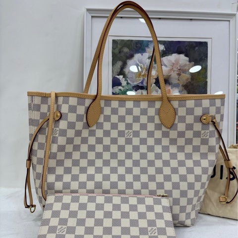LV 白色棋盤格Neverfull中號 晶片款 99新近閒置 有購證