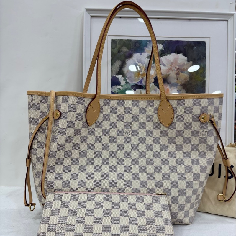 LV 白色棋盤格Neverfull中號 晶片款 99新近閒置 有購證-0