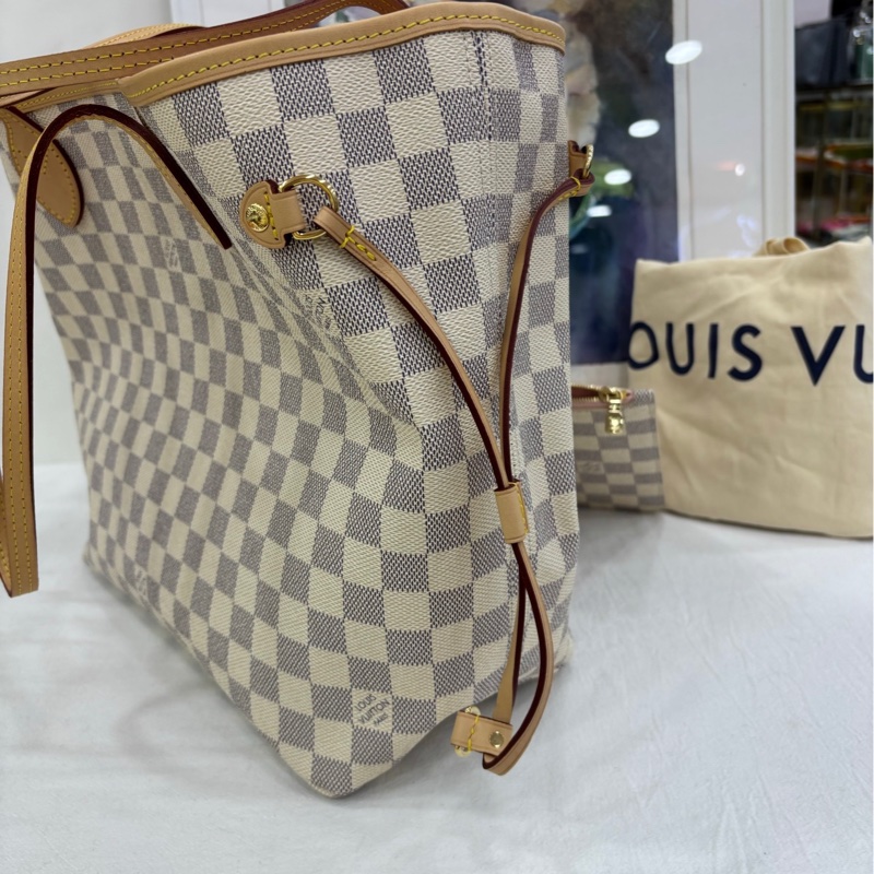LV 白色棋盤格Neverfull中號 晶片款 99新近閒置 有購證-3