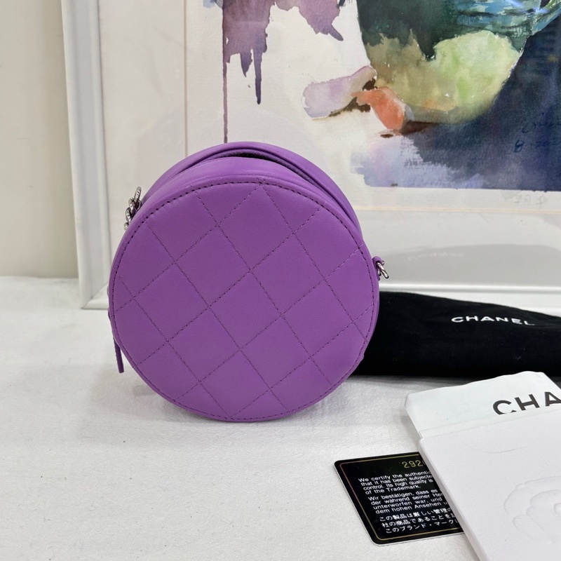 Chanel 香奈兒 20C 紫色銀扣羊皮圓餅包 29開 99新有購證-1