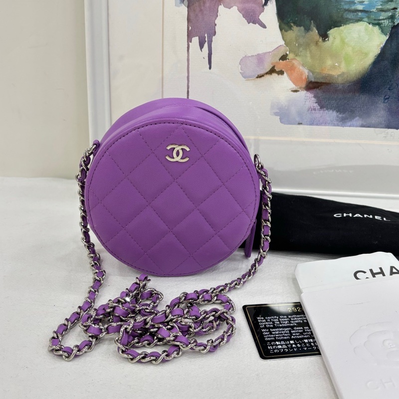 Chanel 香奈兒 20C 紫色銀扣羊皮圓餅包 29開 99新有購證-2