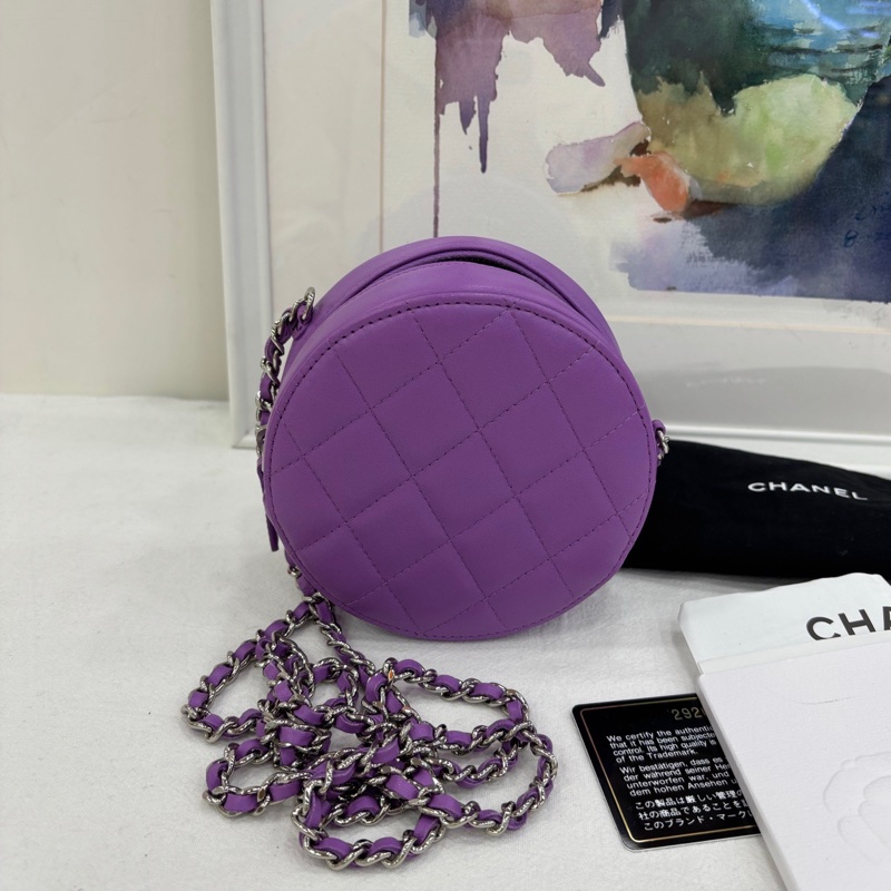 Chanel 香奈兒 20C 紫色銀扣羊皮圓餅包 29開 99新有購證-3