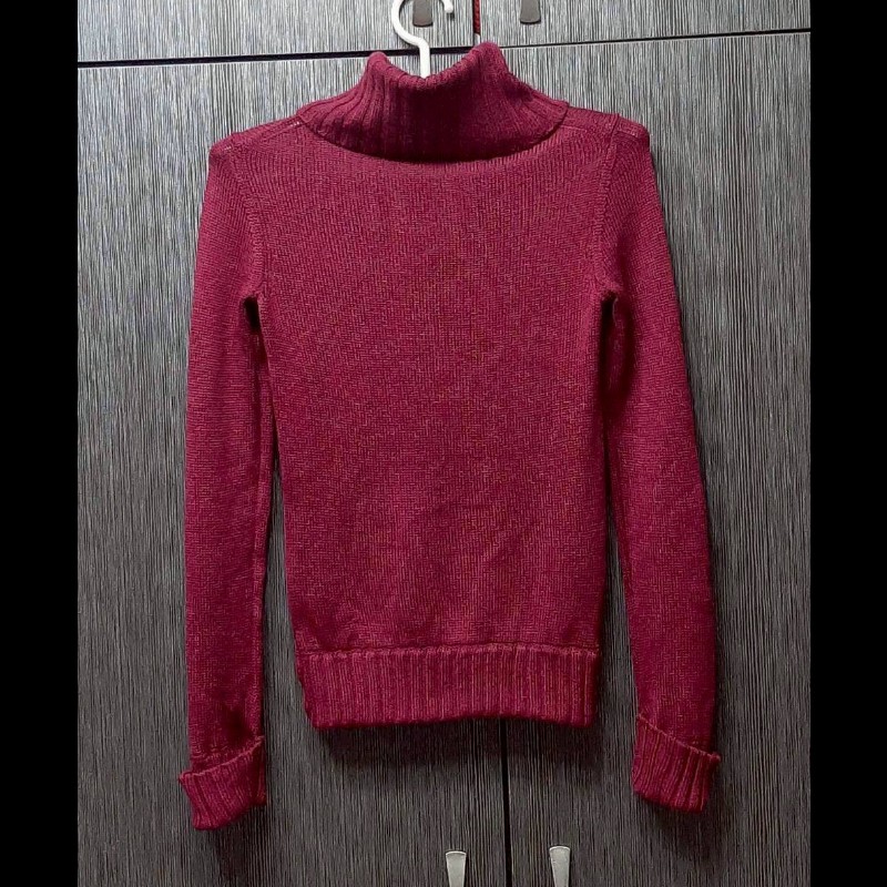 絕版BURBERRY 博柏利 BLUE LABEL 藍標 戰馬 女酒紅色純羊毛高領長袖針織上衣38號-1