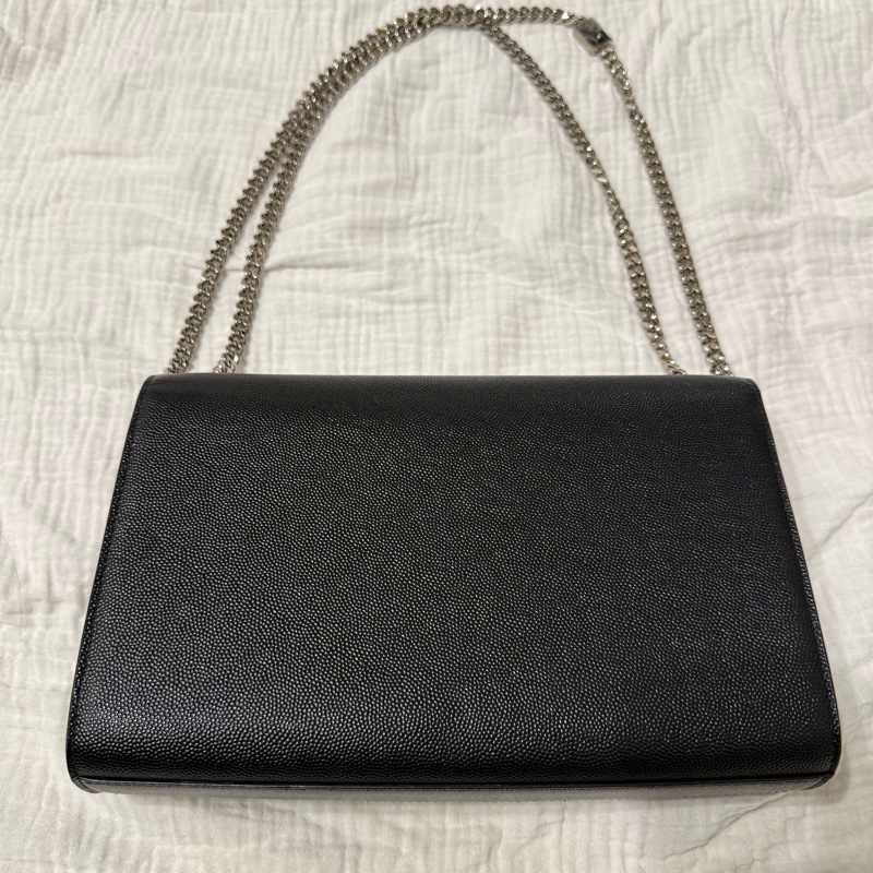 YSL YSL 銀字YSL魚子醬皮革銀鍊釦式斜背包(黑)S-8