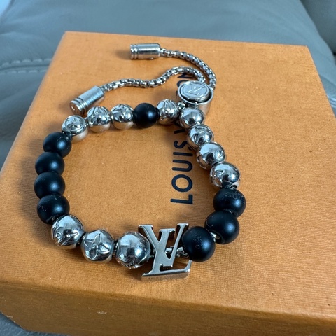 LOUIS VUITTON lv 手環 手鍊 串珠 可調整 珠鏈 珠珠 黑銀Monogram Beads
