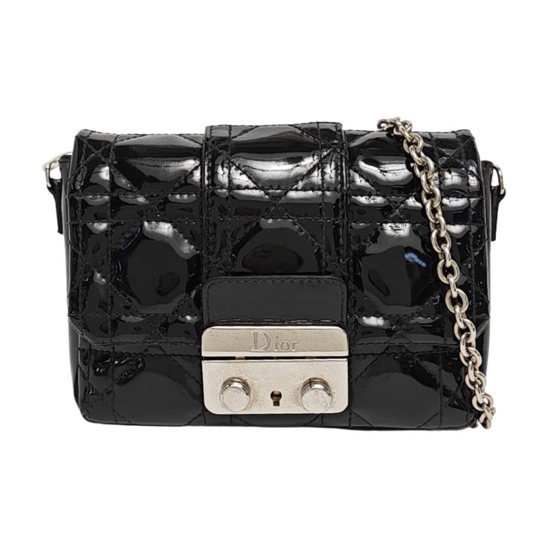 DIOR Miss Dior黑色漆皮藤格紋絎縫斜挎包銀色五金可拆卸肩帶-0