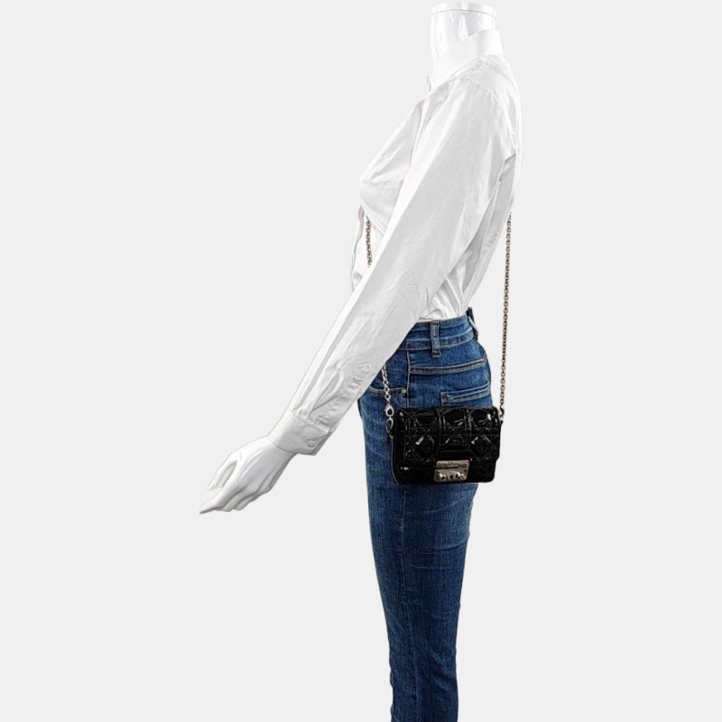 DIOR Miss Dior黑色漆皮藤格紋絎縫斜挎包銀色五金可拆卸肩帶-1