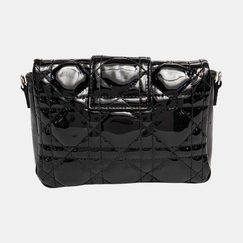 DIOR Miss Dior黑色漆皮藤格紋絎縫斜挎包銀色五金可拆卸肩帶-4