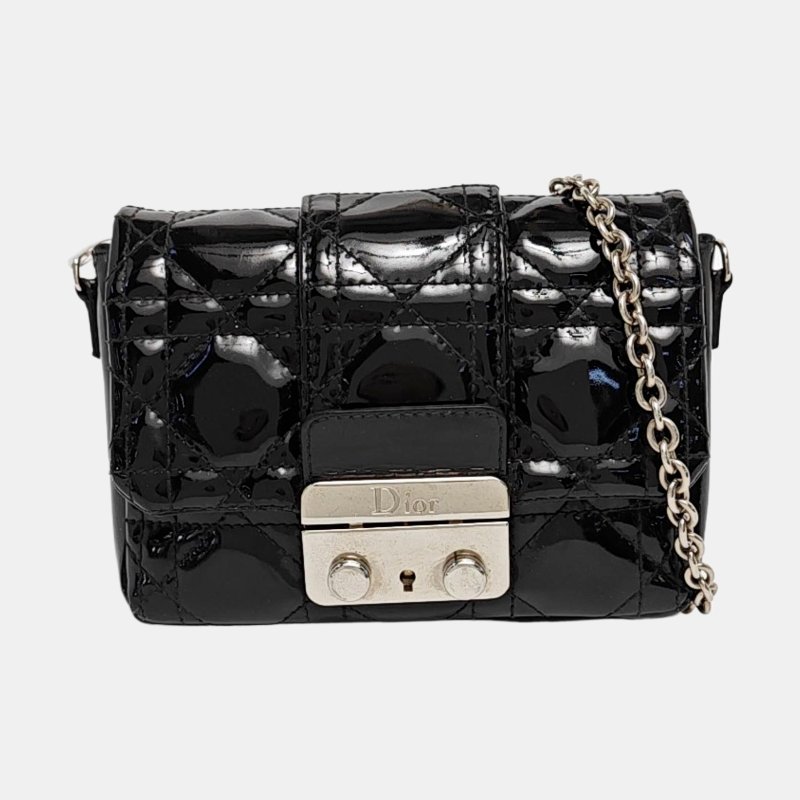 DIOR Miss Dior黑色漆皮藤格紋絎縫斜挎包銀色五金可拆卸肩帶-7