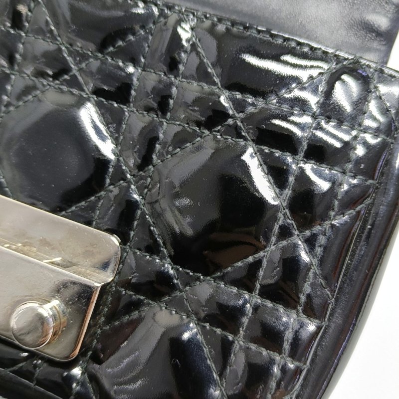 DIOR Miss Dior黑色漆皮藤格紋絎縫斜挎包銀色五金可拆卸肩帶-10