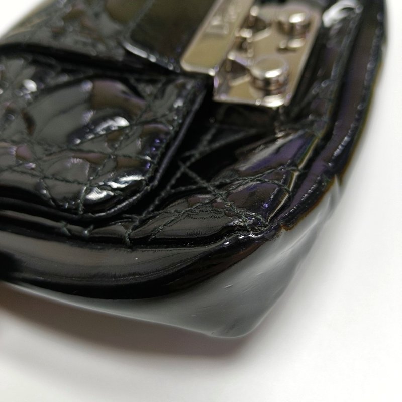 DIOR Miss Dior黑色漆皮藤格紋絎縫斜挎包銀色五金可拆卸肩帶-14