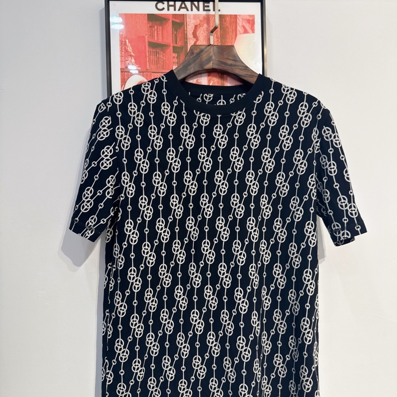 99新Hermes愛馬仕黑白鎖鏈圓領短袖T恤 36碼。無附件-0