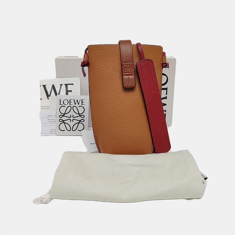 LOEWE棕色牛皮單肩包斜挎包可拆卸肩帶配件齊全-7