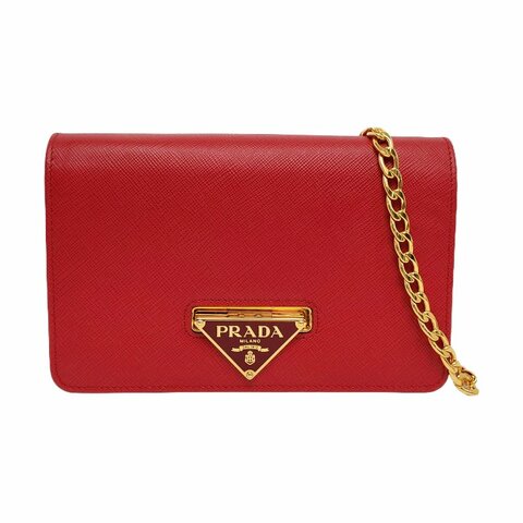 PRADA紅色牛皮徽標十字紋斜挎包金色五金可拆卸肩帶 9.8新