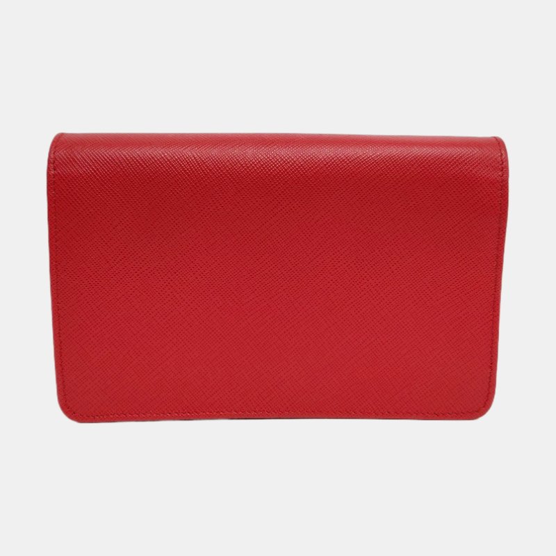 PRADA紅色牛皮徽標十字紋斜挎包金色五金可拆卸肩帶 9.8新-4