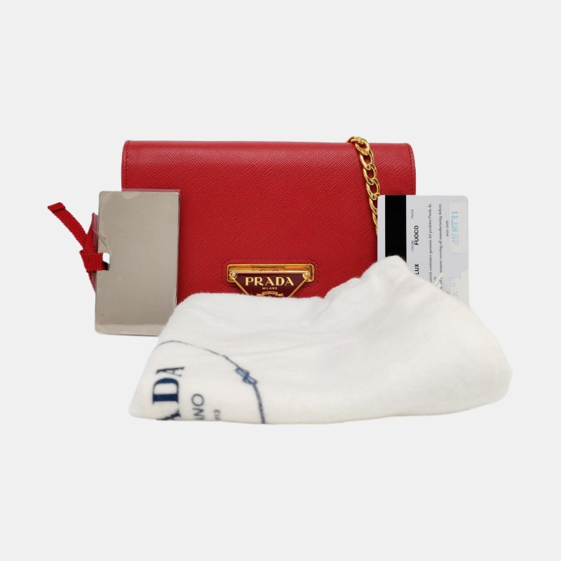 PRADA紅色牛皮徽標十字紋斜挎包金色五金可拆卸肩帶 9.8新-7