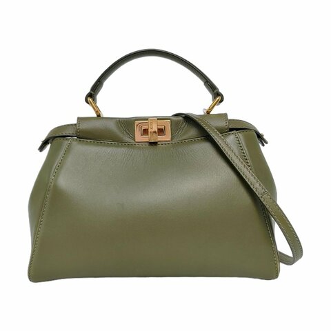 FENDI Peekaboo迷你綠色羊皮單肩包手提包斜挎包金色五金可拆卸肩帶