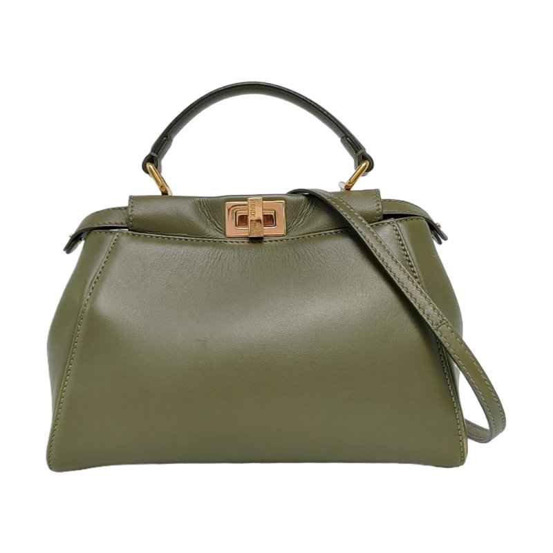 FENDI Peekaboo迷你綠色羊皮單肩包手提包斜挎包金色五金可拆卸肩帶-0