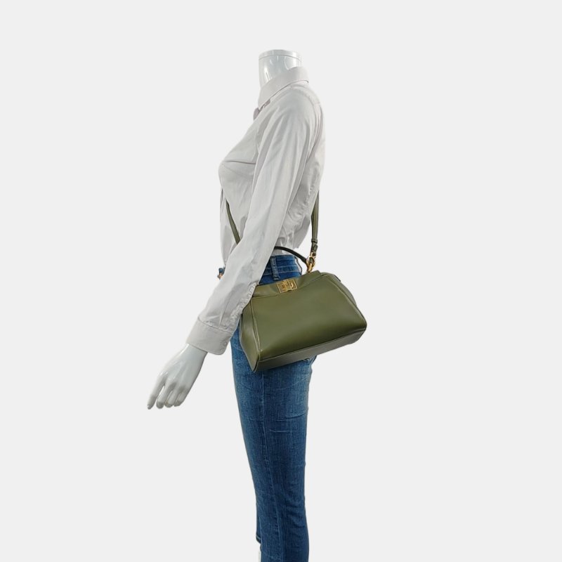 FENDI Peekaboo迷你綠色羊皮單肩包手提包斜挎包金色五金可拆卸肩帶-1