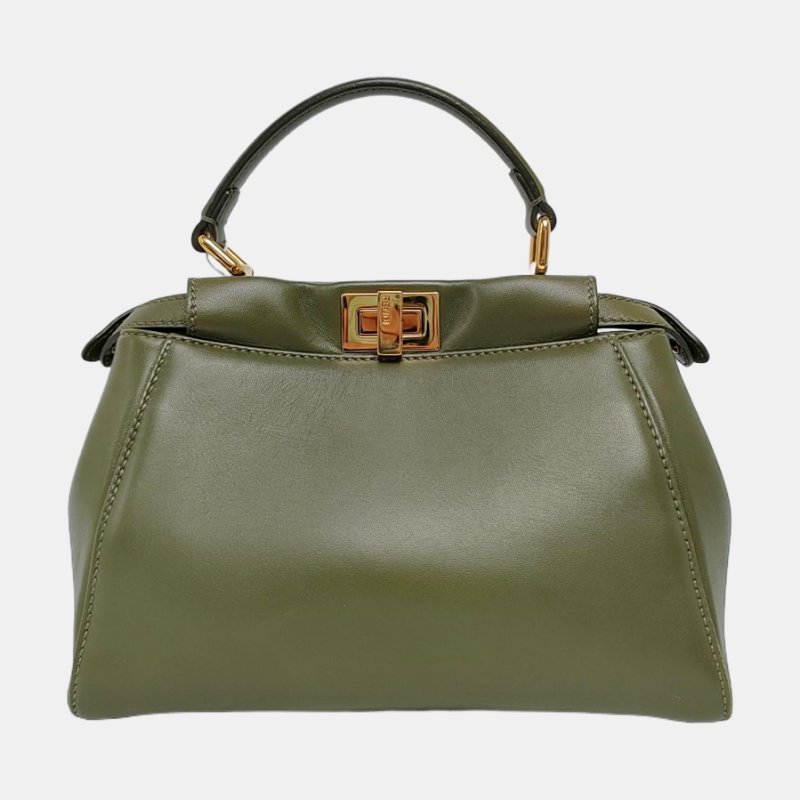 FENDI Peekaboo迷你綠色羊皮單肩包手提包斜挎包金色五金可拆卸肩帶-4