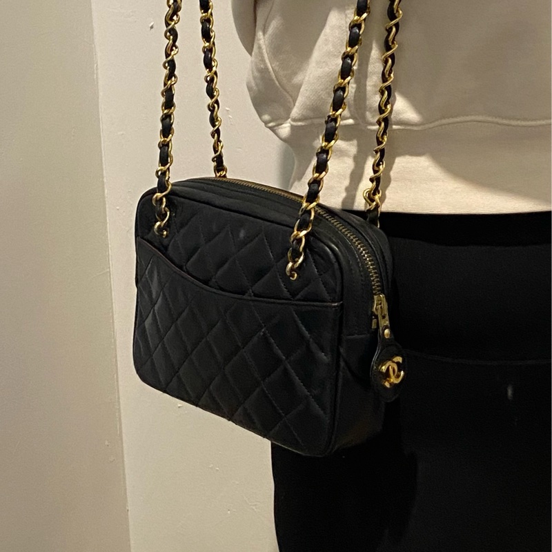 Chanel vintage 流浪雙鏈黑金菱格-0