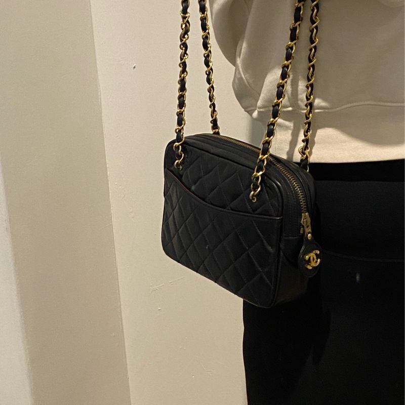 Chanel vintage 流浪雙鏈黑金菱格-2