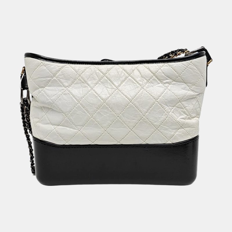 CHANEL GABRIELLE中號白色牛皮菱格紋絎縫流浪包斜挎包單肩包金色銀色釘色五金25開可拆卸肩帶-4