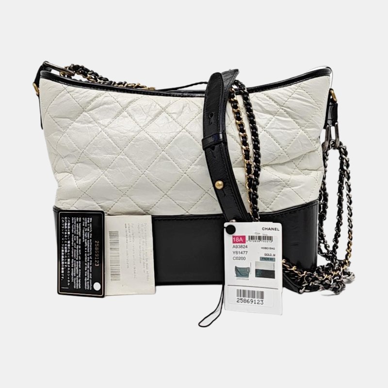 CHANEL GABRIELLE中號白色牛皮菱格紋絎縫流浪包斜挎包單肩包金色銀色釘色五金25開可拆卸肩帶-7