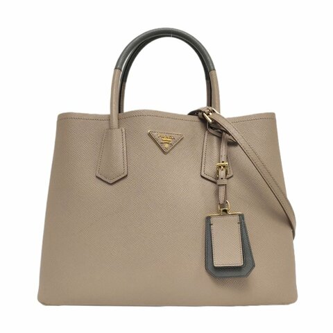 PRADA Double卡其色牛皮徽標十字紋單肩包手提包斜挎包金色五金可拆卸肩帶