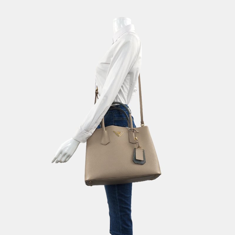 PRADA Double卡其色牛皮徽標十字紋單肩包手提包斜挎包金色五金可拆卸肩帶-1